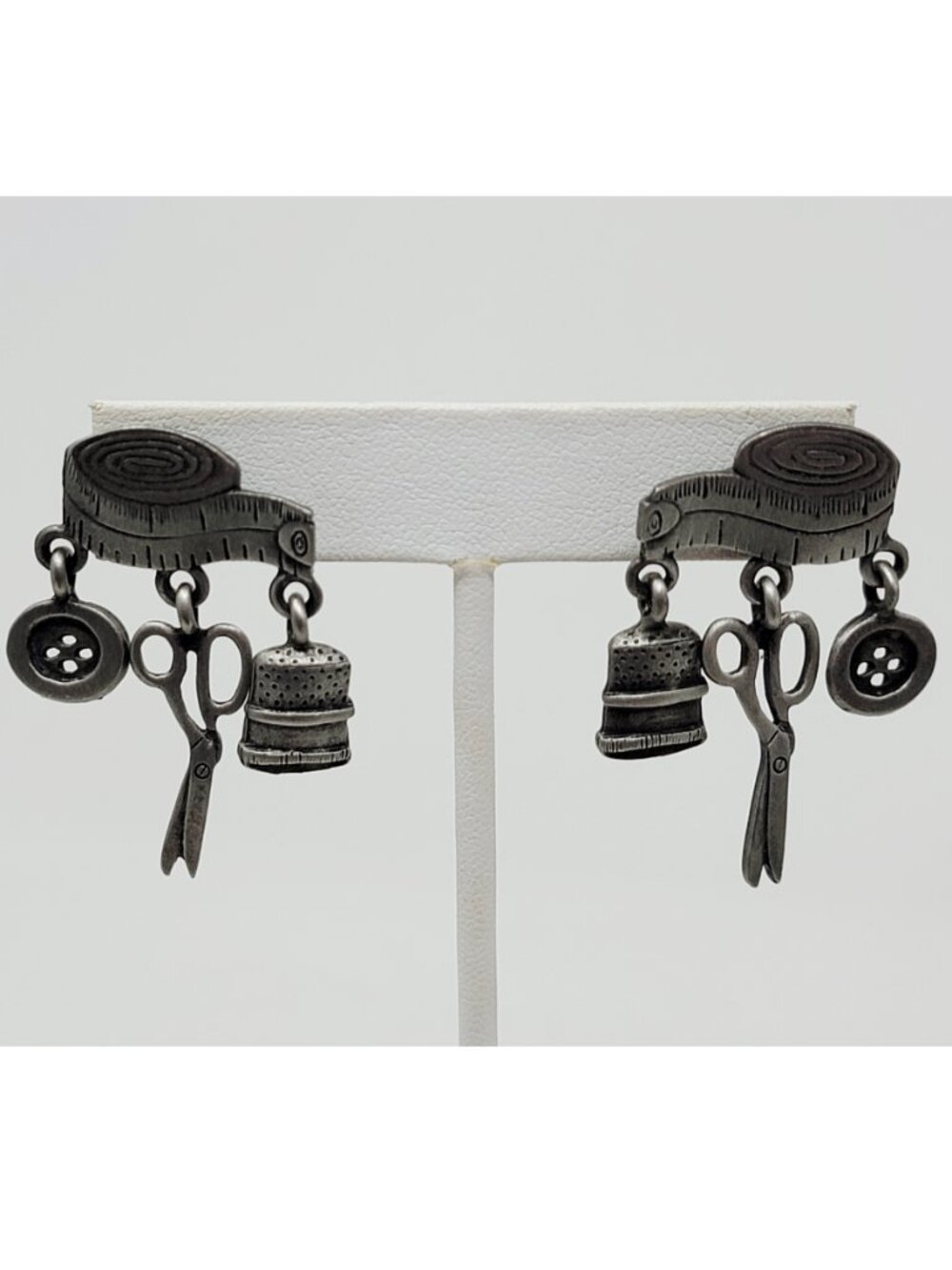 Vintage Sewing Theme Dangle Earrings Scissors Thimble Button Tape Measure